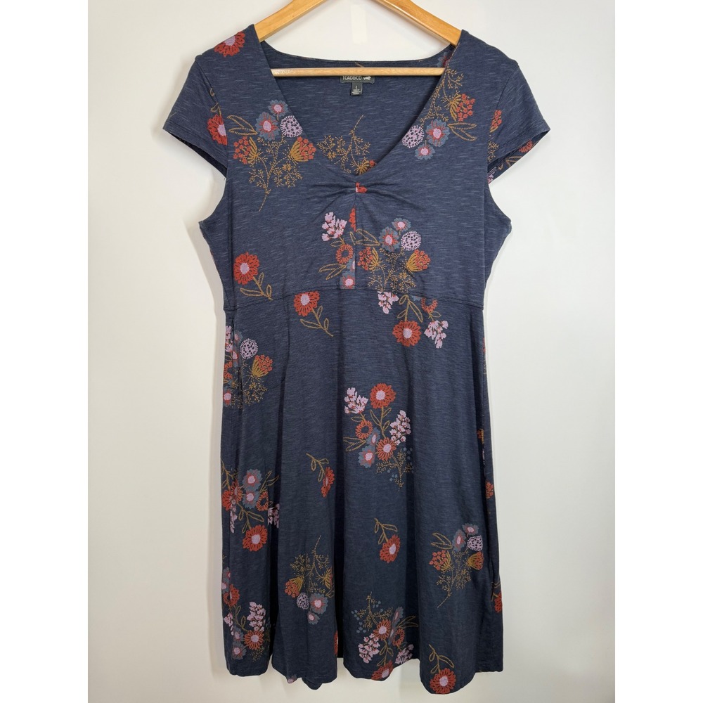 Toad&Co Rosemarie Dress Navy Blue Floral Organic Cotton Tencel Cap Sleeve Size L